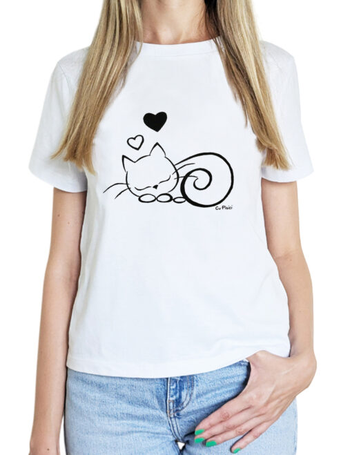 Tricou pictat manual cu Pisica Somnoroasa