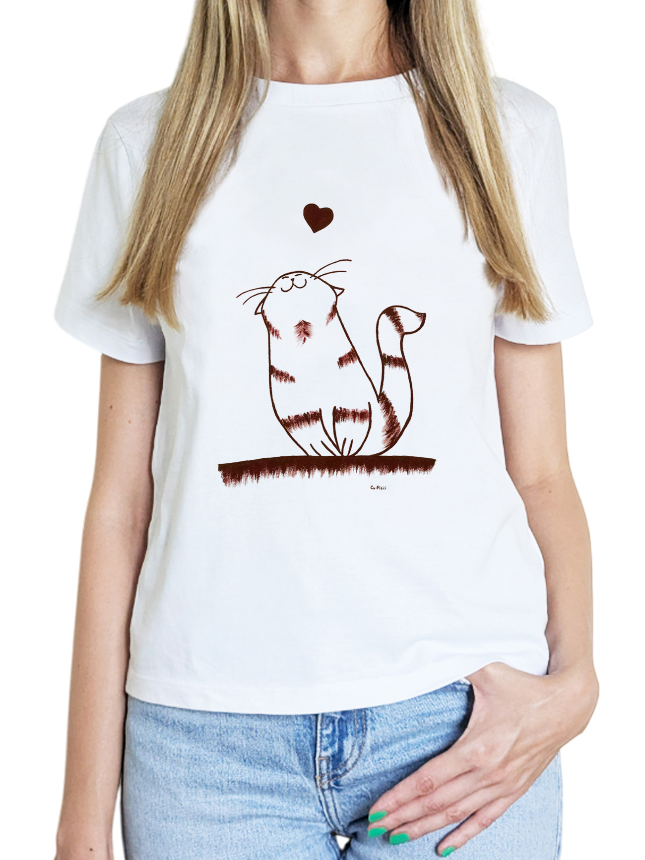 Tricou pictat manual cu Pisica Indragostita