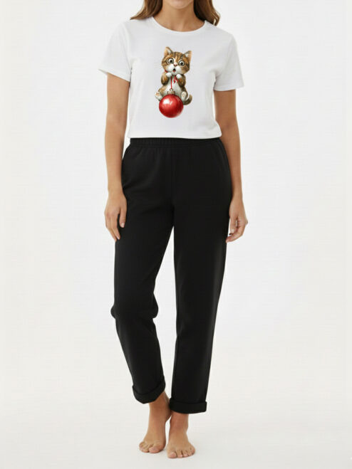 Pijamale cu Pisici-Playful Xmas Cat, Femei