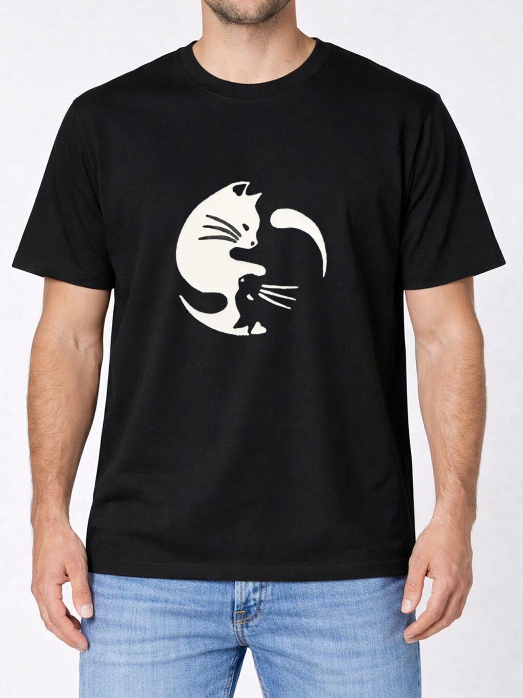 Tricou pentru barbati-Pisici Yin si Yang, pictat manual