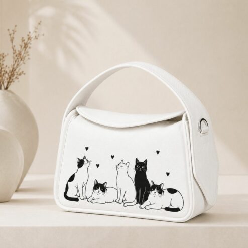Geanta Premium din piele naturala-Purr of Love, pictata manual