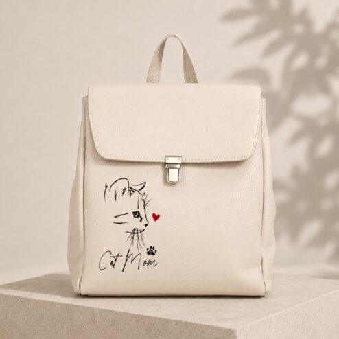 Rucsac Premium din piele naturala-Cat Mom Love, pictat manual