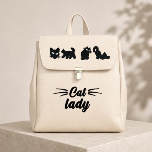 Rucsac Premium din piele naturala-Cat Lady, pictat manual