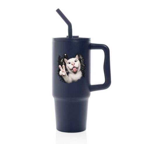 Cana termica premium cu pai-Crazy Cat